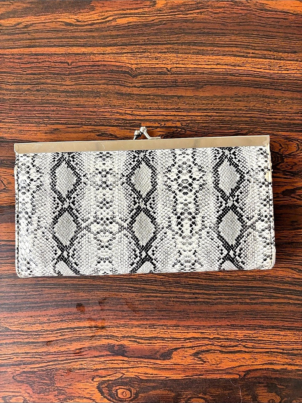 Snakeskin-Print Clasp Wallet in White & Black